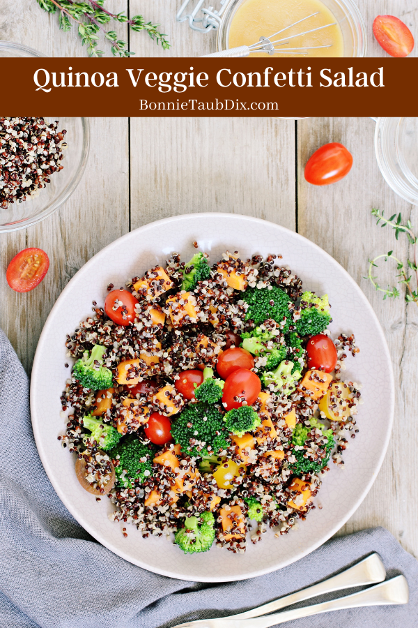 Quinoa Veggie Confetti Salad | A delicious, healthy, colorful side dish filled with veggies, fiber, and plant-based protein. This quinoa salad will be a new family favorite!