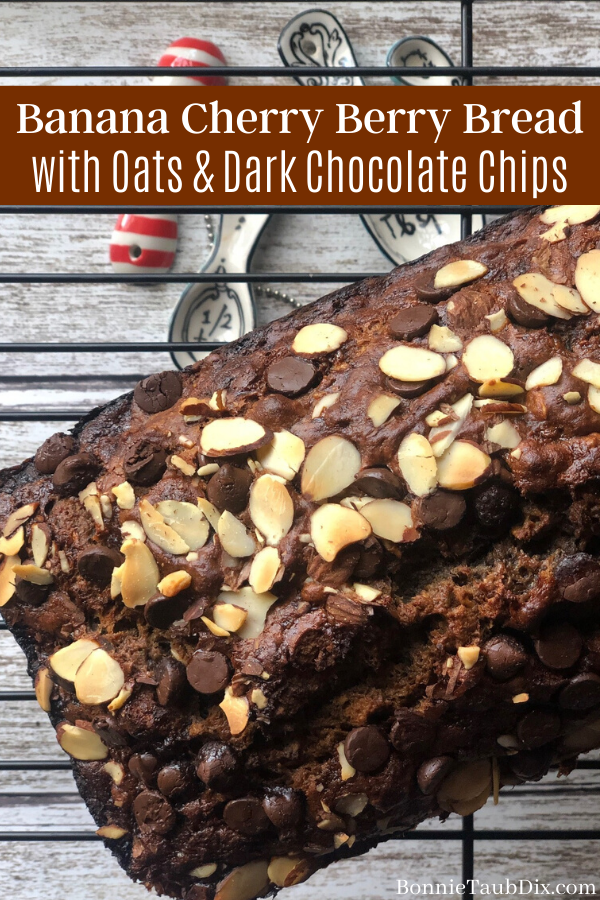 Banana Cherry Berry Bread with Oats and Dark Chocolate Chips | A fun twist on classic banana bread with the addition of oats, berries, and dark chocolate. A perfect sweet breakfast or snack.
